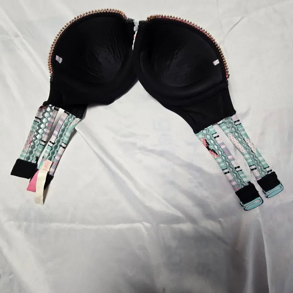 Victoria's Secret Bra 32C Black with festive Trim 80% Polyester 20% Elastane